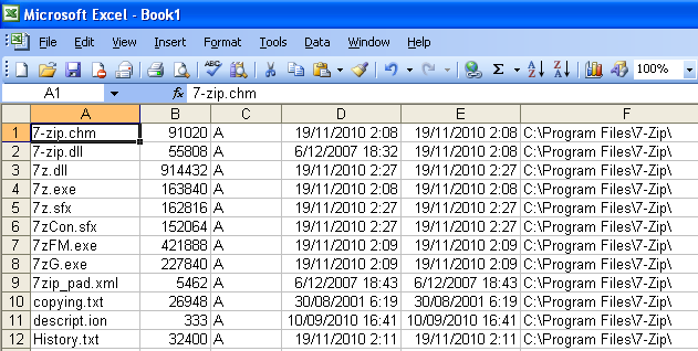 A list of files in Excel